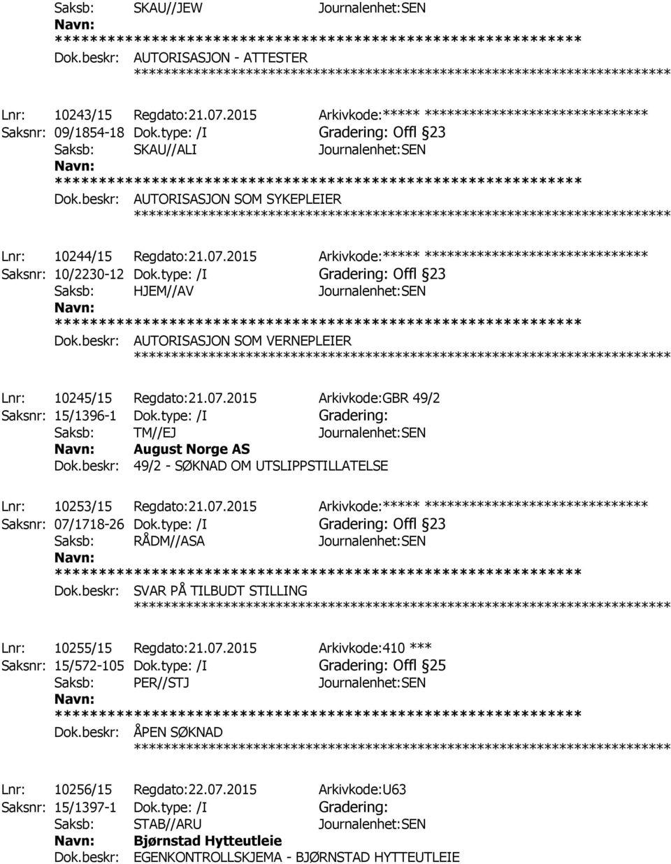 2015 Arkivkode:***** ****************************** Saksnr: 10/2230-12 Dok.type: /I Gradering: Offl 23 Saksb: HJEM//AV Journalenhet:SEN Dok.