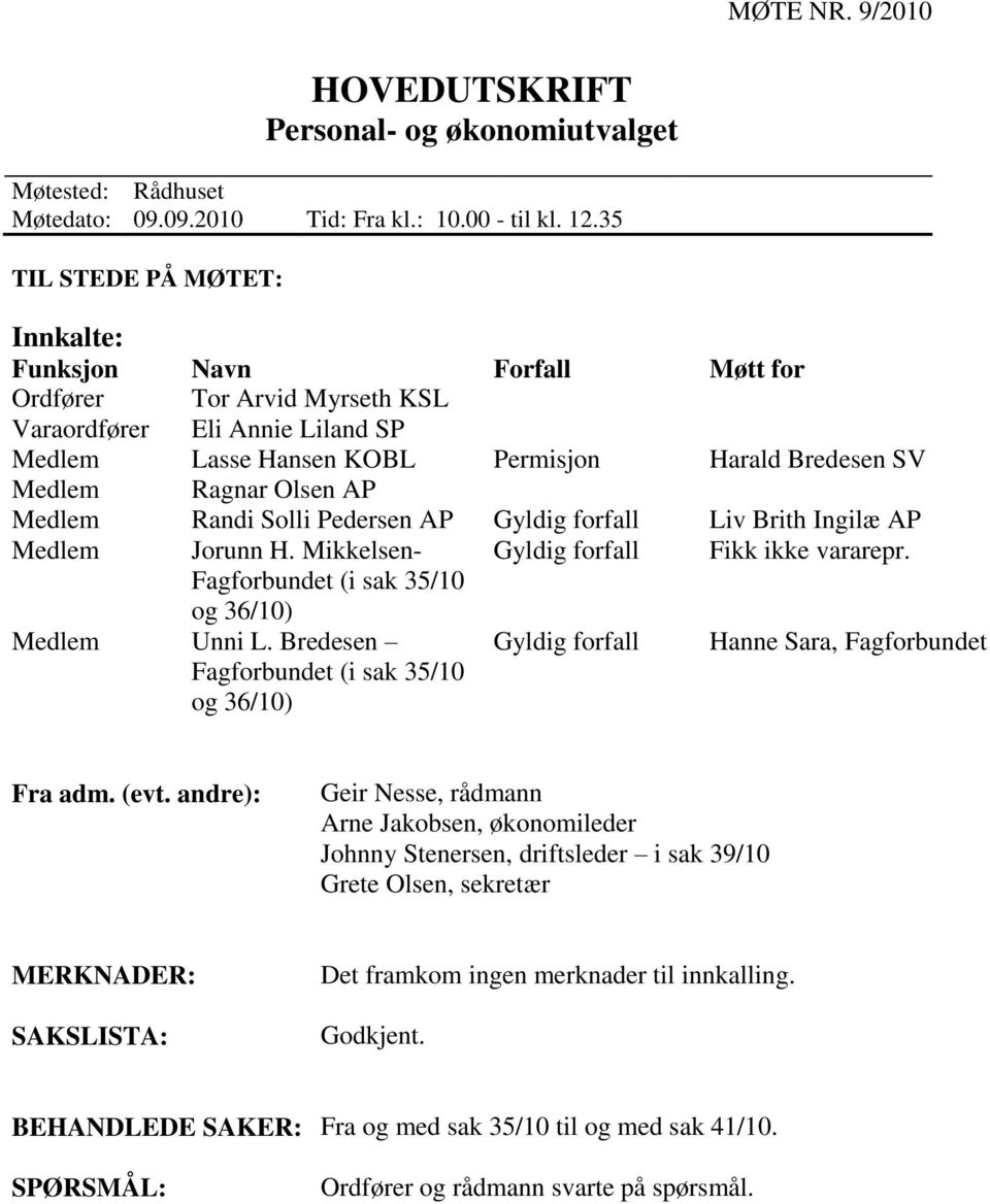 Olsen AP Medlem Randi Solli Pedersen AP Gyldig forfall Liv Brith Ingilæ AP Medlem Jorunn H. Mikkelsen- Gyldig forfall Fikk ikke vararepr. Fagforbundet (i sak 35/10 og 36/10) Medlem Unni L.