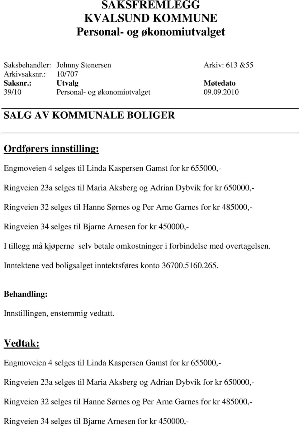 Ringveien 32 selges til Hanne Sørnes og Per Arne Garnes for kr 485000,- Ringveien 34 selges til Bjarne Arnesen for kr 450000,- I tillegg må kjøperne selv betale omkostninger i forbindelse med