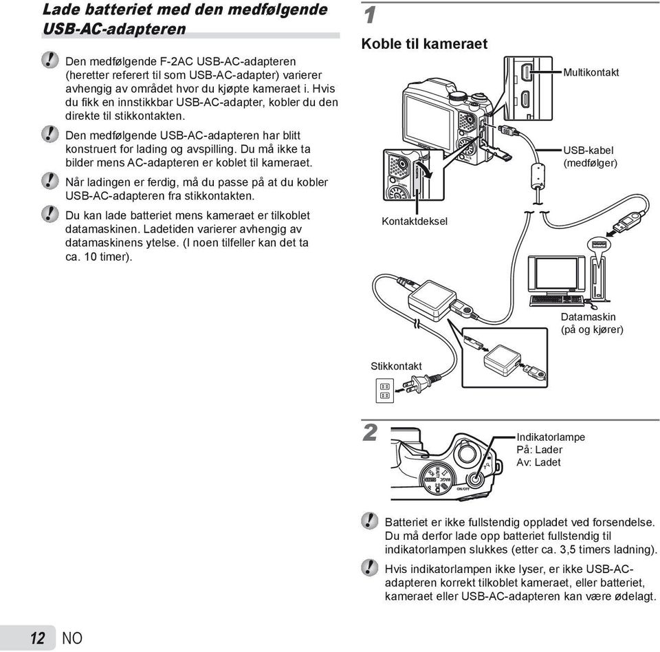 Du må ikke ta bilder mens AC-adapteren er koblet til kameraet. Når ladingen er ferdig, må du passe på at du kobler USB-AC-adapteren fra stikkontakten.