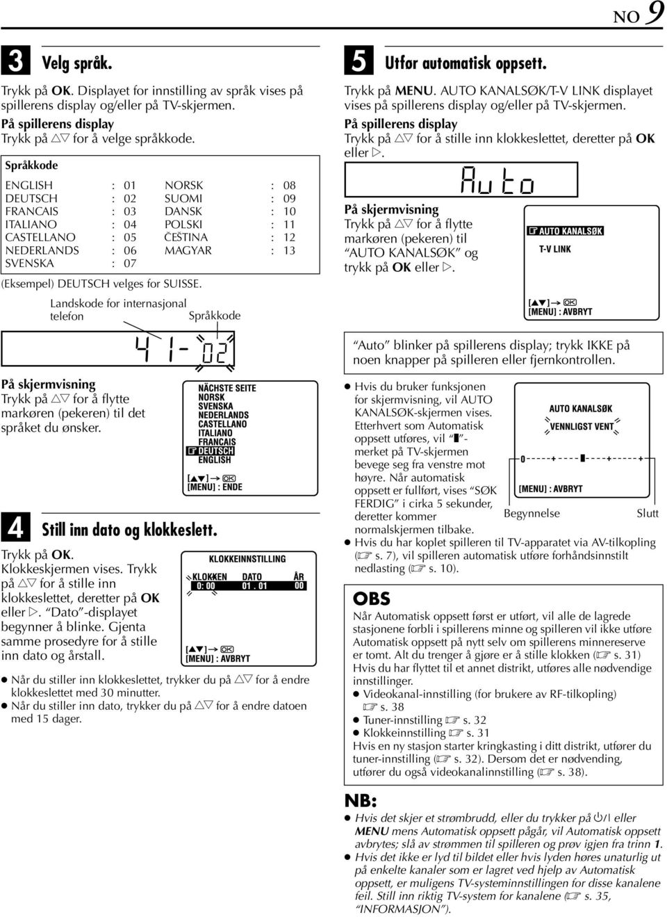 Landskode for internasjonal telefon Språkkode 08 09 10 11 12 13 E Utfør automatisk oppsett. NO 9 Trykk på MENU. UTO KNLSØK/T-V LINK displayet vises på spillerens display og/eller på TV-skjermen.