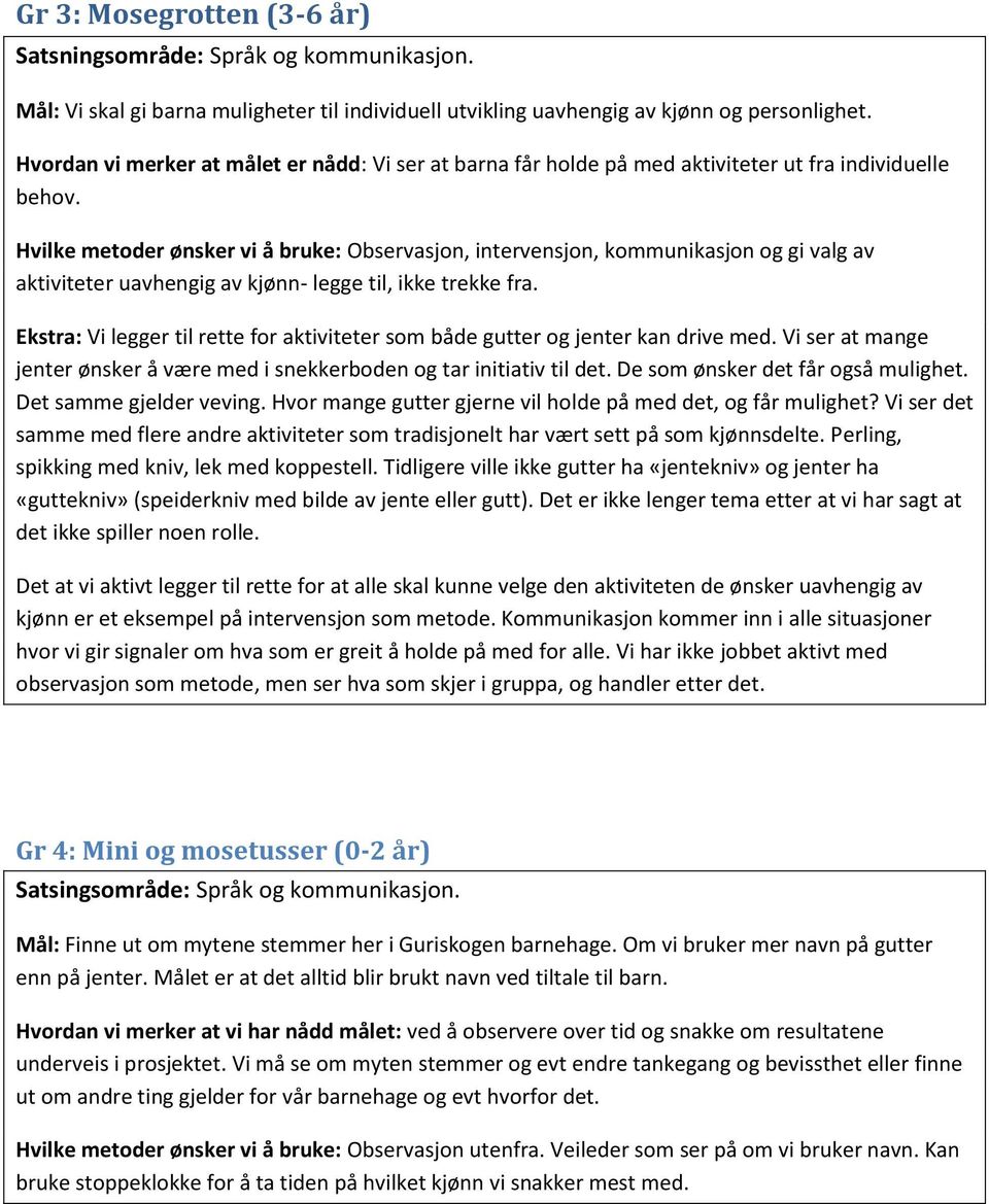 Hvilke metoder ønsker vi å bruke: Observasjon, intervensjon, kommunikasjon og gi valg av aktiviteter uavhengig av kjønn- legge til, ikke trekke fra.