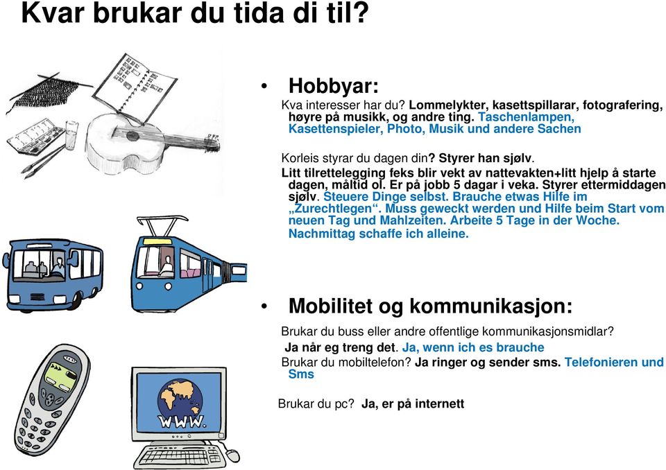 Er på jobb 5 dagar i veka. Styrer ettermiddagen sjølv. Steuere Dinge selbst. Brauche etwas Hilfe im Zurechtlegen. Muss geweckt werden und Hilfe beim Start vom neuen Tag und Mahlzeiten.