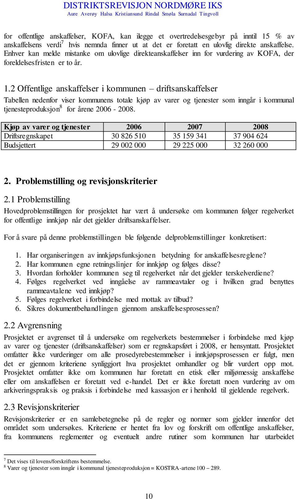 2 Offentlige anskaffelser i kommunen driftsanskaffelser Tabellen nedenfor viser kommunens totale kjøp av varer og tjenester som inngår i kommunal tjenesteproduksjon 8 for årene 2006-2008.