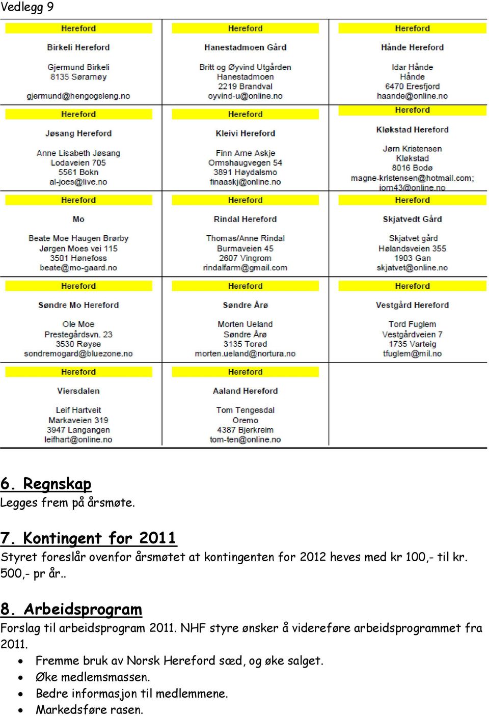 til kr. 500,- pr år.. 8. Arbeidsprogram Forslag til arbeidsprogram 2011.