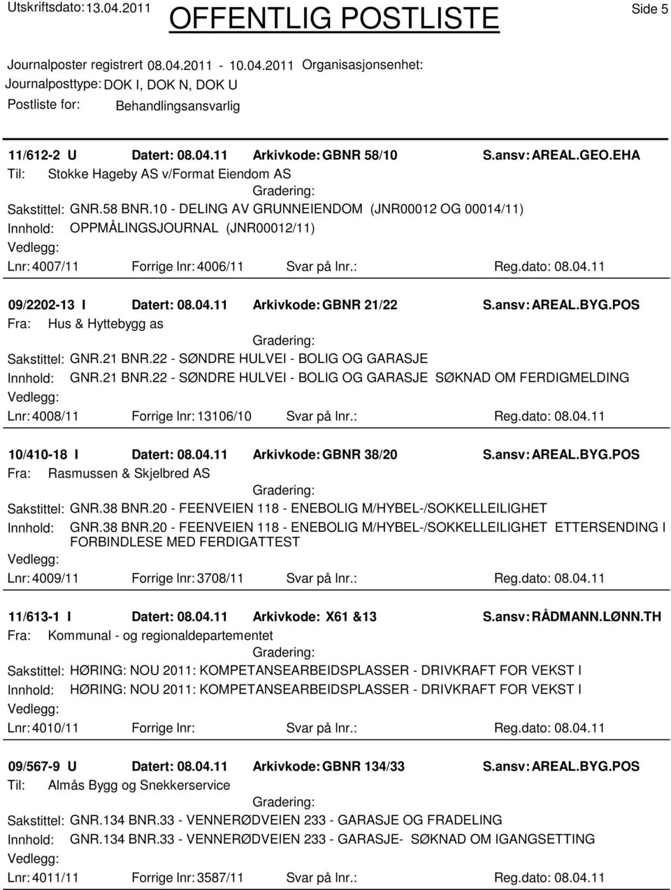 11 09/2202-13 I Datert: 08.04.11 Arkivkode:GBNR 21/22 Fra: Hus & Hyttebygg as Sakstittel: GNR.21 BNR.