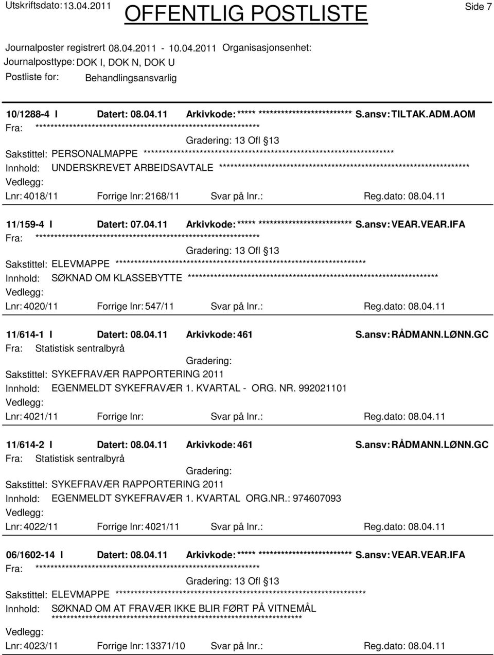 ansv: VEAR.VEAR.IFA 13 Ofl 13 Innhold: SØKNAD OM KLASSEBYTTE Lnr: 4020/11 Forrige lnr: 547/11 Svar på lnr.: Reg.dato: 08.04.11 11/614-1 I Datert: 08.04.11 Arkivkode:461 S.ansv: RÅDMANN.LØNN.