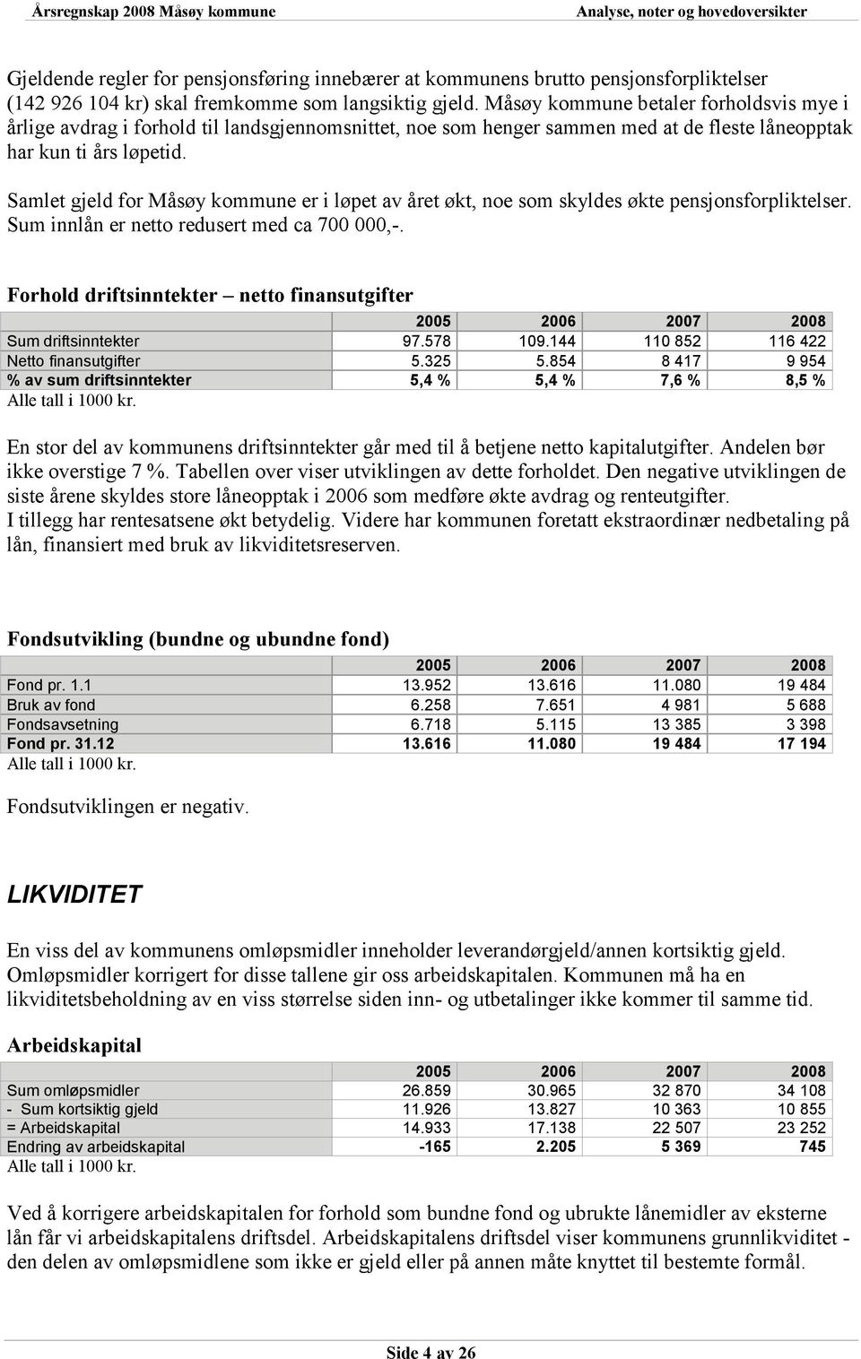 Samlet gjeld for Måsøy kommune er i løpet av året økt, noe som skyldes økte pensjonsforpliktelser. Sum innlån er netto redusert med ca 700 000,-.