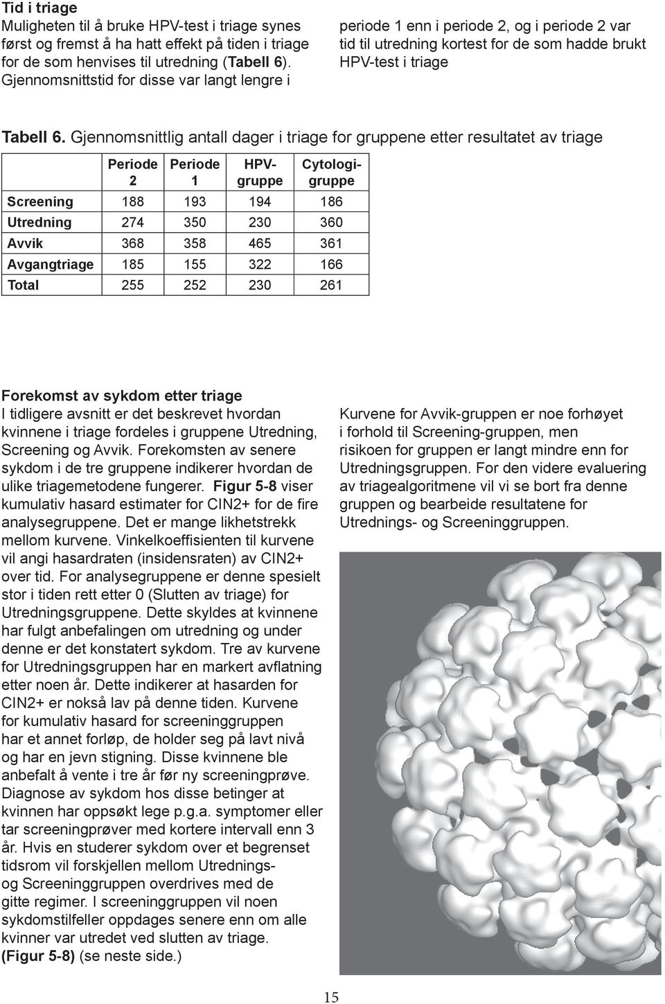 Gjennomsnittlig antall dager i triage for gruppene etter resultatet av triage Periode 2 Periode 1 HPVgruppe Cytologigruppe Screening 188 193 194 186 Utredning 274 350 230 360 Avvik 368 358 465 361