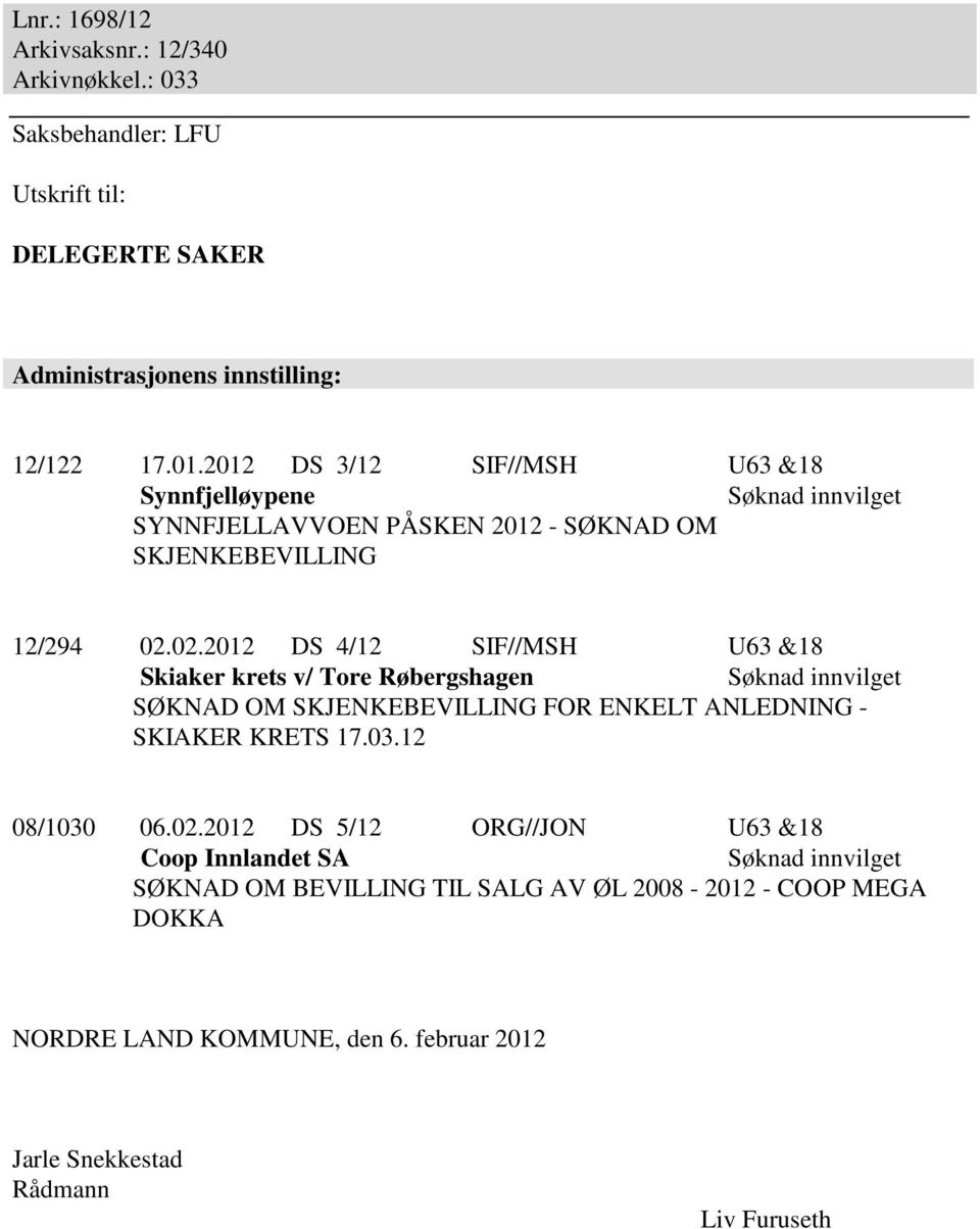 02.2012 DS 4/12 SIF//MSH U63 &18 Skiaker krets v/ Tore Røbergshagen Søknad innvilget SØKNAD OM SKJENKEBEVILLING FOR ENKELT ANLEDNING - SKIAKER KRETS 17.03.