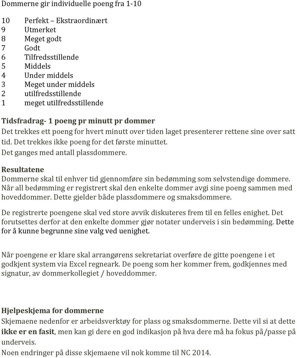 Det trekkes ikke poeng for det første minuttet. Det ganges med antall plassdommere. Resultatene Dommerne skal til enhver tid gjennomføre sin bedømming som selvstendige dommere.