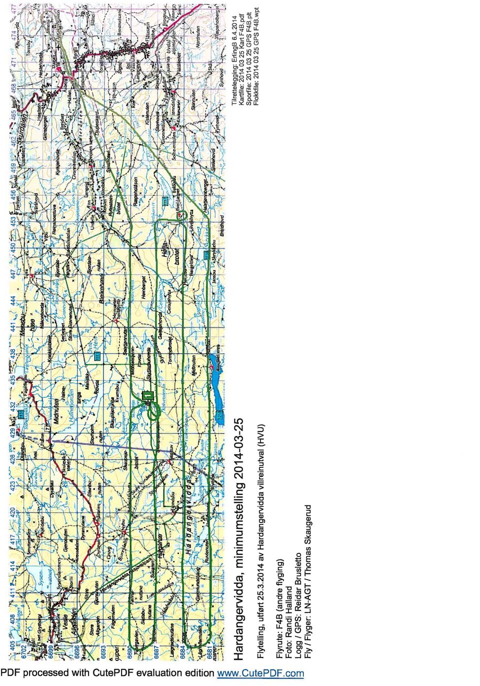 pdt Spor[Ne: 214 3 25 GPS F4Bplt Flytelling, utført 25.3.214 av Hardangervidda vilireinutval (HVU) Flokkfila: 214 3 25 GPS F4B.