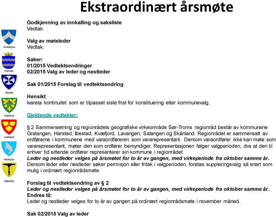 Gjeldende vedtekter: 2 Sammensetning og regionrådets geografiske virkeområde Sør-Troms regionråd består av kommunene,,,,, og.