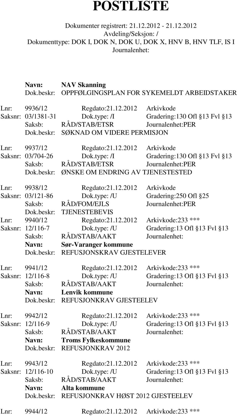 beskr: ØNSKE OM ENDRING AV TJENESTESTED Lnr: 9938/12 Regdato:21.12.2012 Arkivkode Saksnr: 03/121-86 Dok.type: /U Gradering:250 Ofl 25 Saksb: RÅD/FOM/EJLS PER Dok.