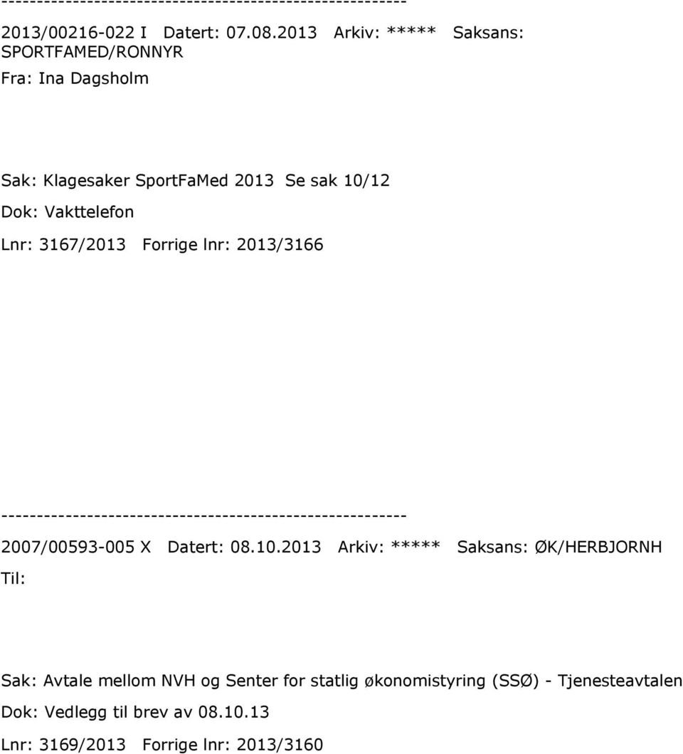 10/12 Dok: Vakttelefon Lnr: 3167/2013 Forrige lnr: 2013/3166 2007/00593-005 X Datert: 08.10.2013 Arkiv: