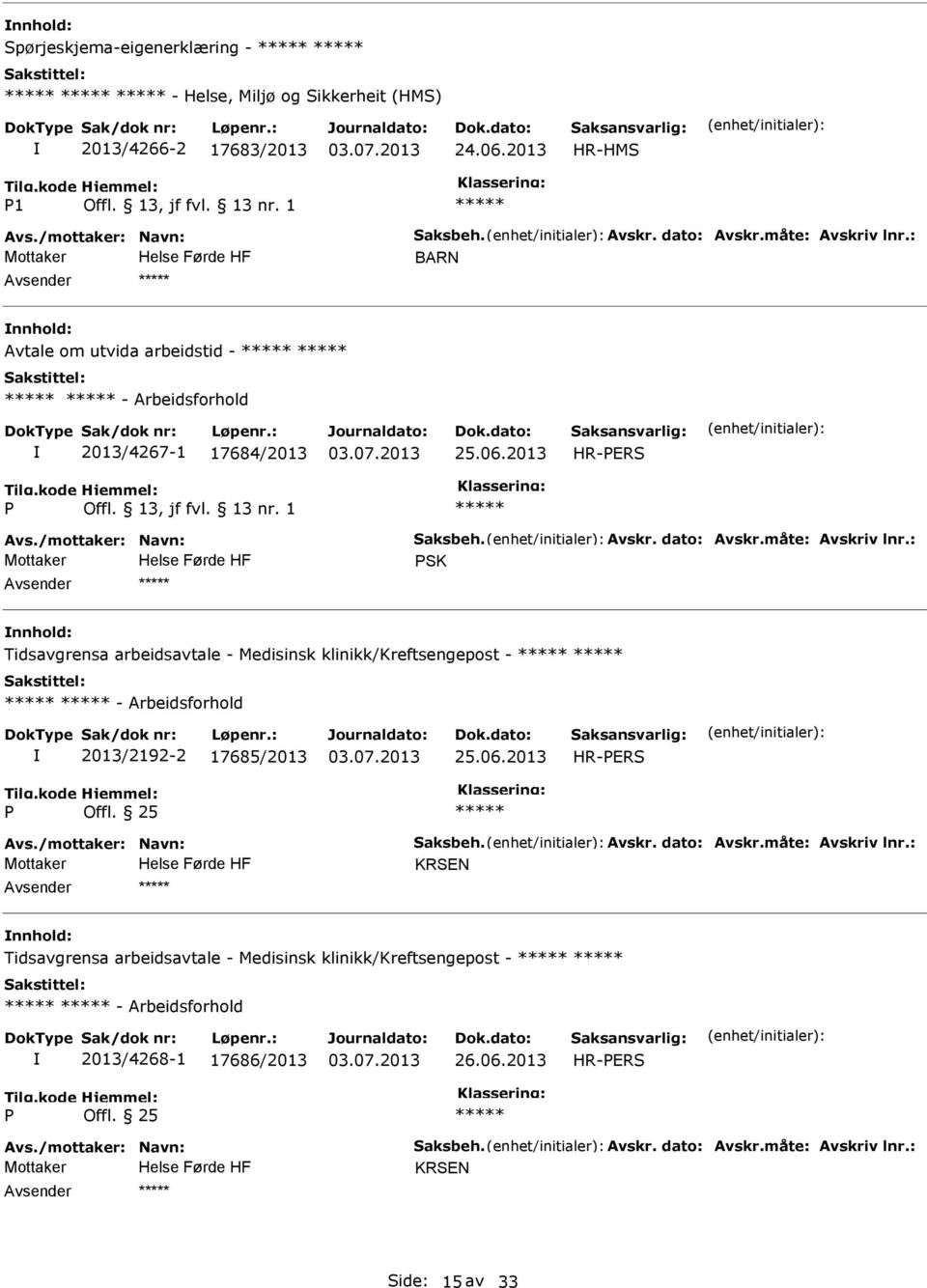 : SK nnhold: Tidsavgrensa arbeidsavtale - Medisinsk klinikk/kreftsengepost - - Arbeidsforhold 2013/2192-2 17685/2013 25.06.2013 Avs./mottaker: Navn: Saksbeh. Avskr. dato: Avskr.