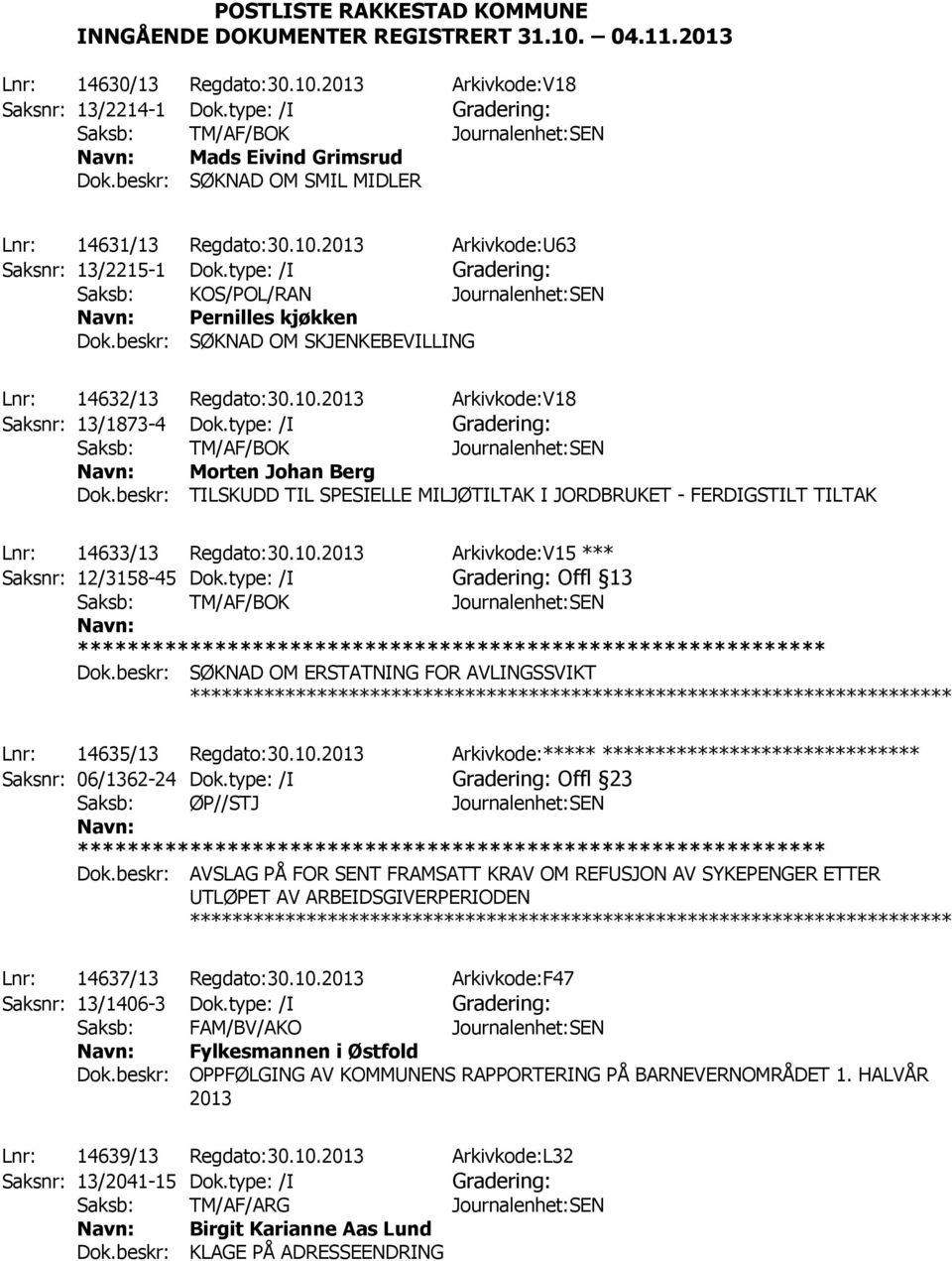 beskr: SØKNAD OM SKJENKEBEVILLING Lnr: 14632/13 Regdato:30.10.2013 Arkivkode:V18 Saksnr: 13/1873-4 Dok.type: /I Morten Johan Berg Dok.