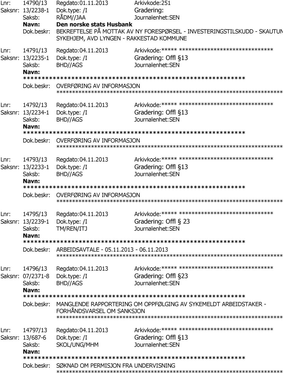 2013 Arkivkode:***** ****************************** Saksnr: 13/2235-1 Dok.type: /I Offl 13 Dok.beskr: OVERFØRING AV INFORMASJON ************ Lnr: 14792/13 Regdato:04.11.