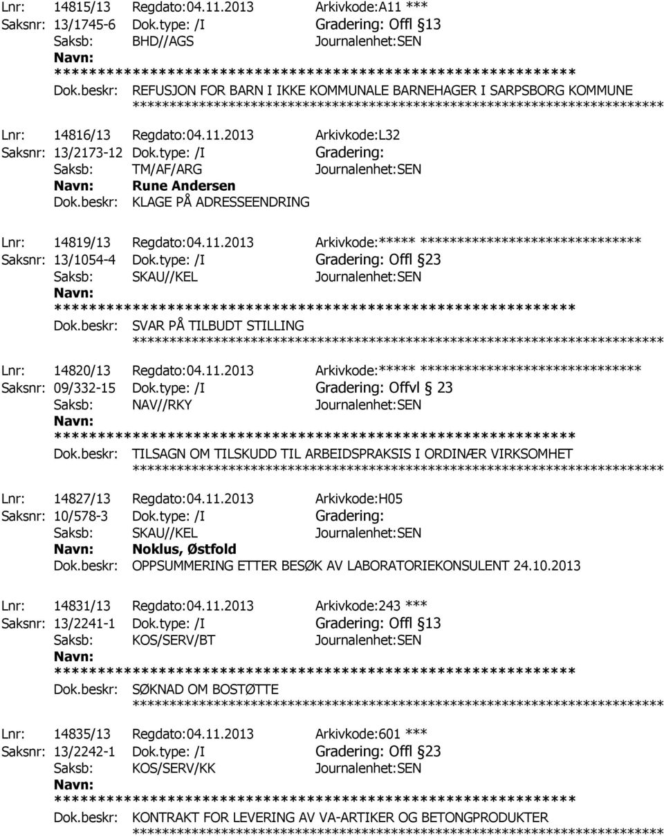 type: /I Saksb: TM/AF/ARG Journalenhet:SEN Rune Andersen Dok.beskr: KLAGE PÅ ADRESSEENDRING ************ Lnr: 14819/13 Regdato:04.11.