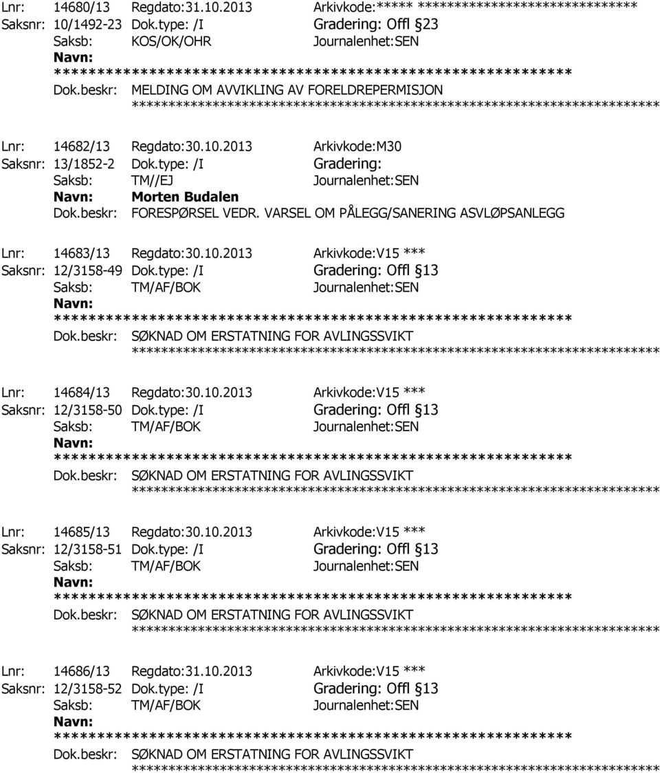 beskr: FORESPØRSEL VEDR. VARSEL OM PÅLEGG/SANERING ASVLØPSANLEGG ************ Lnr: 14683/13 Regdato:30.10.2013 Arkivkode:V15 *** Saksnr: 12/3158-49 Dok.