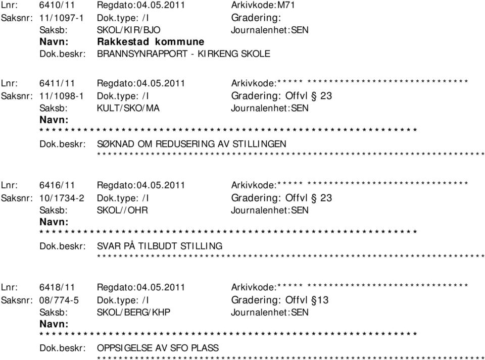 type: /I Offvl 23 Saksb: KULT/SKO/MA Journalenhet:SEN Dok.beskr: SØKNAD OM REDUSERING AV STILLINGEN ************ Lnr: 6416/11 Regdato:04.05.