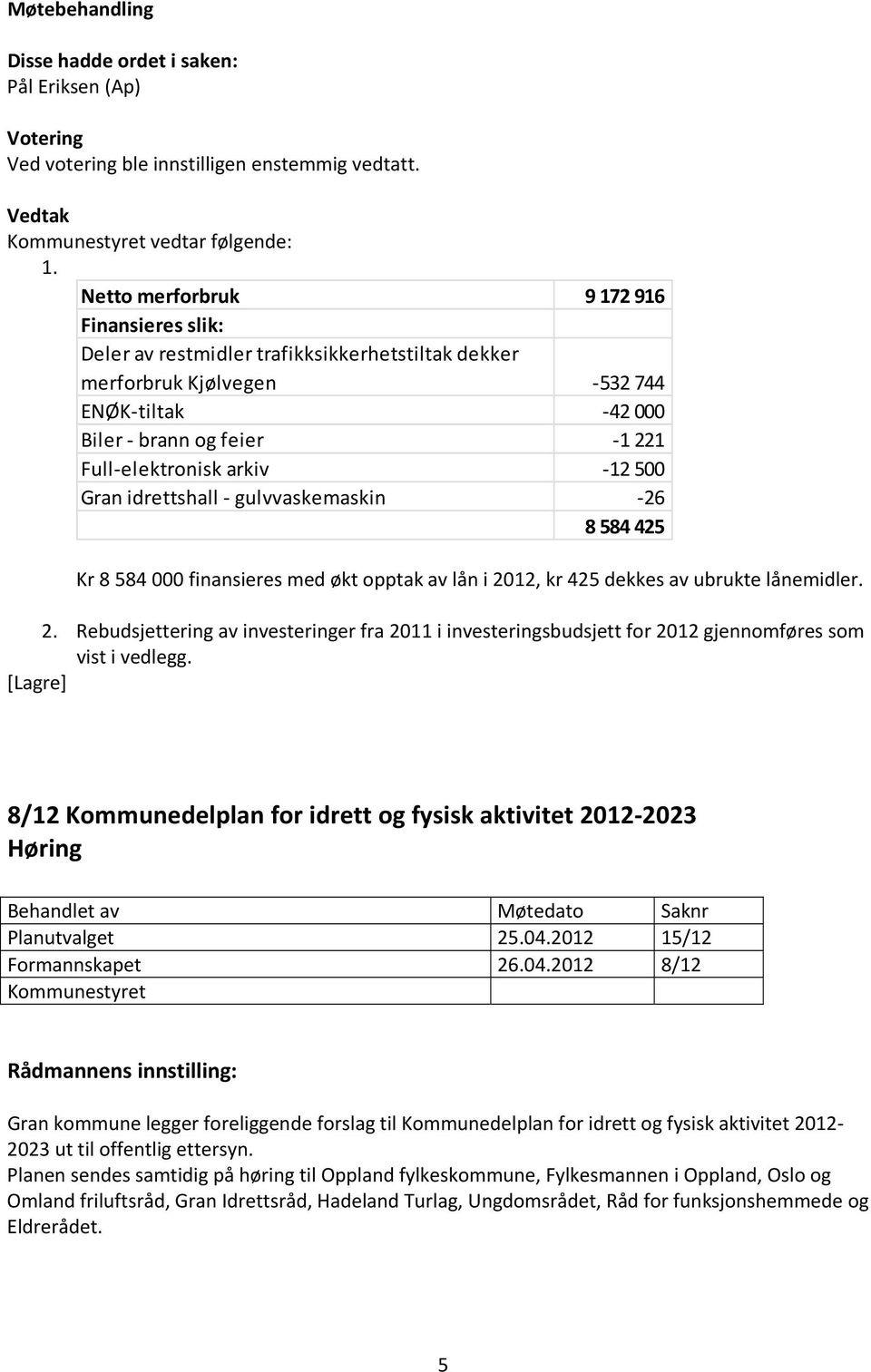 500 Gran idrettshall gulvvaskemaskin 26 8 584 425 Kr 8 584 000 finansieres med økt opptak av lån i 2012, kr 425 dekkes av ubrukte lånemidler. 2. Rebudsjettering av investeringer fra 2011 i investeringsbudsjett for 2012 gjennomføres som vist i vedlegg.