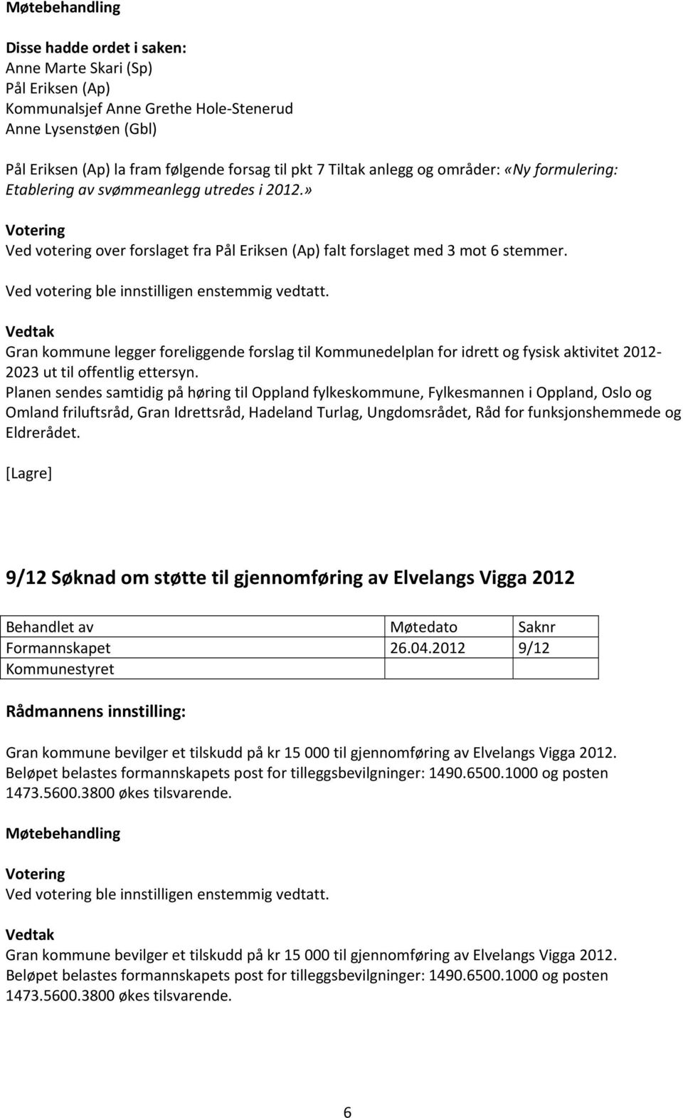 Gran kommune legger foreliggende forslag til Kommunedelplan for idrett og fysisk aktivitet 2012 2023 ut til offentlig ettersyn.