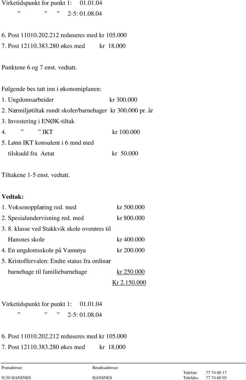 Lønn IKT konsulent i 6 mnd med tilskudd fra Aetat kr 50.000 Tiltakene 1-5 enst. vedtatt. 1. Voksenopplæring red. med kr 500.000 2. Spesialundervisning red. med kr 80