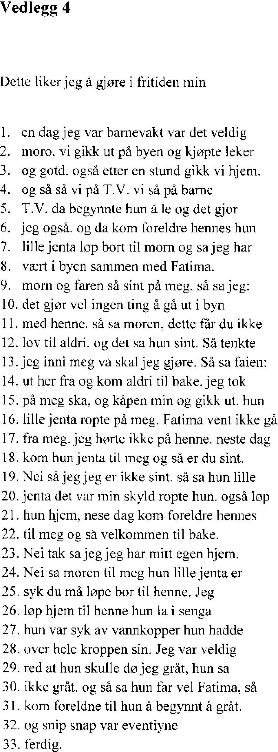 morn og faren så sint på meg, så sa jeg: det gjør vel ingen ting å gå ut i byn med henne. så sa moren, dette får du ikke lov til aldri, og det sa hun sint. Så tenkte jeg inni meg va skal jeg gjøre.