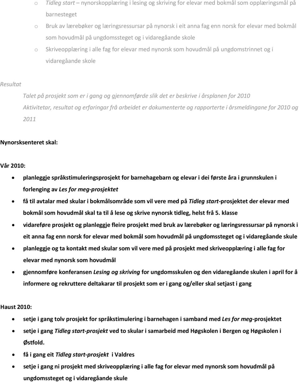 gang og gjennomførde slik det er beskrive i årsplanen for 2010 Aktivitetar, resultat og erfaringar frå arbeidet er dokumenterte og rapporterte i årsmeldingane for 2010 og 2011 Nynorsksenteret skal: :