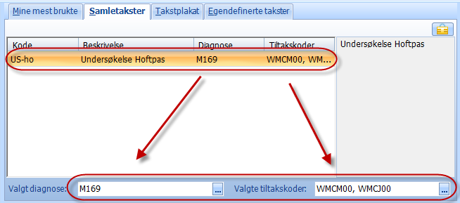 Finn riktig samletakst. Når den er valgt, vises diagnosekodene og tiltakskodene som er knyttet til samletaksten: I nedre del av vinduet ser vi hvilke samletakster som er valgt.