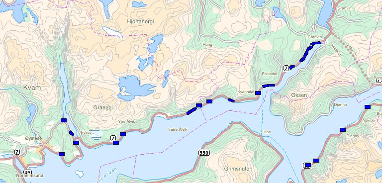 Strekningen er mest utsatt for steinsprang, men det er også registrert nedfall av is, snøskred og løsmasseskred. 7 3 4 5 6 1 2 Figur 3.7 Oversikt over strekning Fv. 7 Øystese-Granvin.