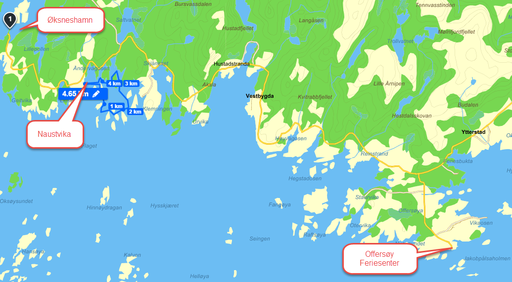Kort tur 2 (betinger kjøring, 20 min, 19 km) 1. Grad: 2 2. Kort tur fra Havna i Naustvika og rundt øyene i området. a. Rolig padling i skjermet farvann, 2* b.
