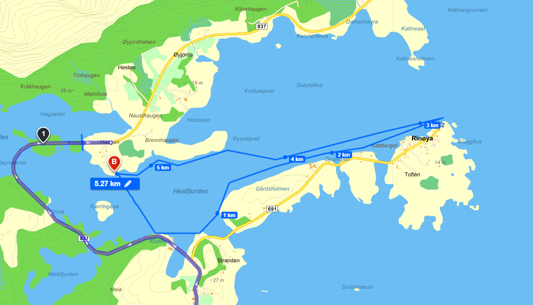 Kort tur 3 (betinger kjøring, 12 min, 12 km) 1. Grad: 2 2. Kort tur fra Risøya rundt Hestfjorden. a. Rolig padling i skjermet farvann, 2* b.