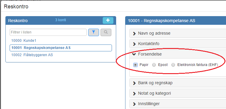 I dialogen for fakturering kan du også velge å sende fakturaen umiddelbart: Fakturer og vis valg for utsendelse. Du kan sende på epost, på papir eller som EHF.