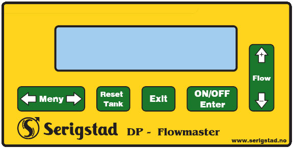 Tastatur Meny: Tilgang til menyer Flow: Endre leveringsmengde Endre verdier i menyoppsett Velge opsjoner i menyer Ressett tank: Ved skifte av fat, trykkes tast 2 ganger for resetting