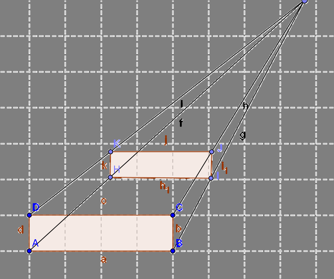 Perspektivtegning II med GeoGebra Ta utgangspunkt i bildet nedenfor fra Perspektivtegning I. I Perspektivtegning I fjernet vi visningen av punkter, og vi fjernet navn på linjestykker.