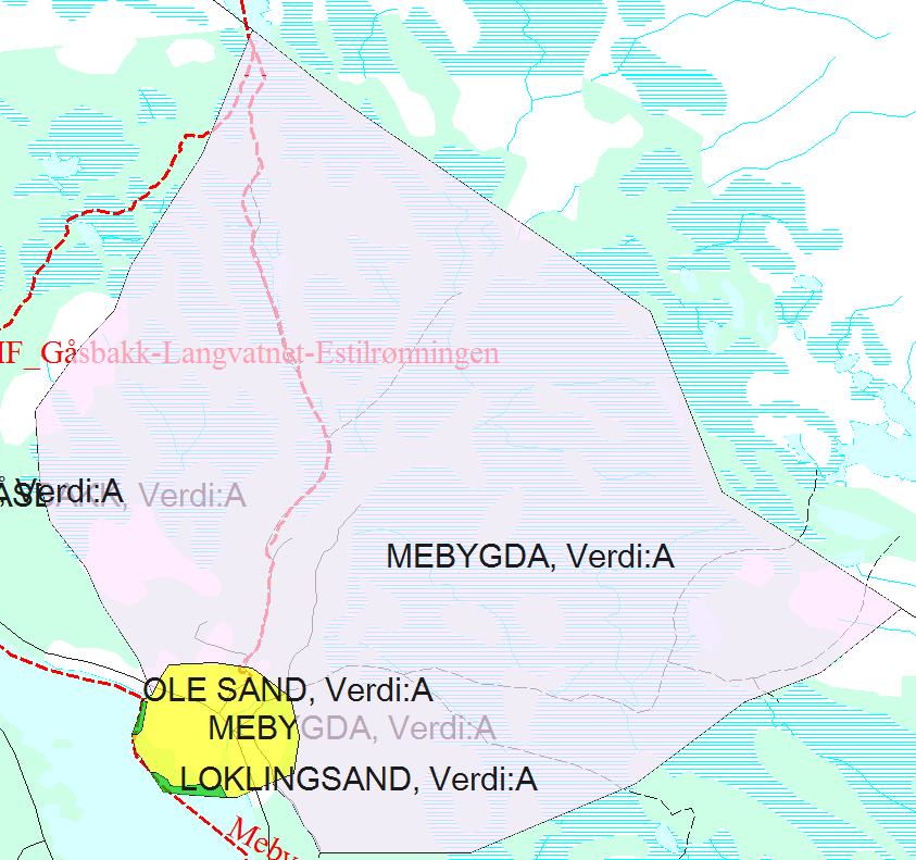 Mebygda (A) Dette er et utfartsområde med relativ høy brukerfrekvens, da hovedsakelig av lokalt friluftsliv, men også litt fra tilreisende som innfallsport til Lierne nasjonalpark, da med hovedvekt