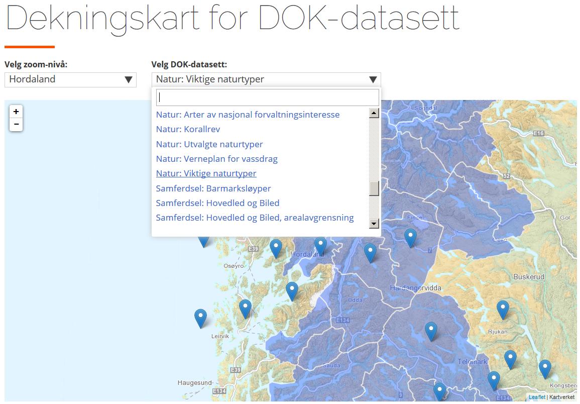 Figur 3 Eksempel på DOK dekningskart som det sees i Geonorge Figur 4 Markøren viser hvilke kommuner som har bekreftet datasettet som sitt DOK.