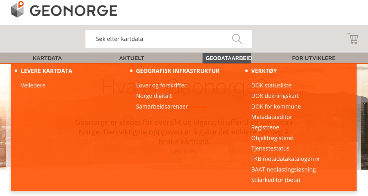 DOK-verktøy for bekreftelse av DOK for kommunene finnes på Geonorge. Velg fanen «GEODATAARBEID» og «DOK for kommune».