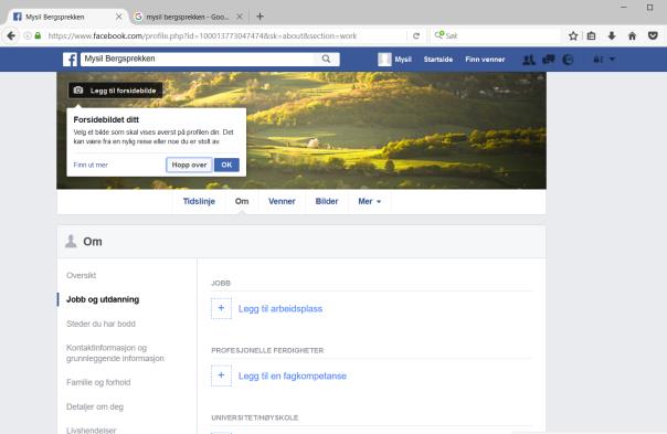 Det neste som skjer er at FB ber deg om å legge inn to bilder, et profilbilde og et forsidebilde. Du kan enten gjøre det, eller klikke «Hopp over».