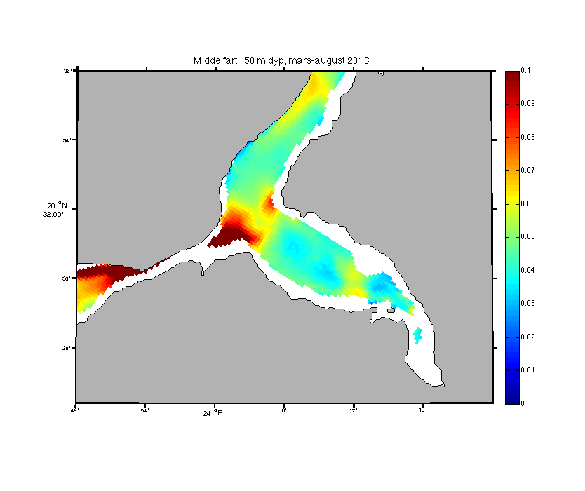 Figur 1. Midlere strømfart (m/s) i 50 m dyp i perioden mars-august 2013 fra de numeriske strømmodellresultatene. Figur 2.