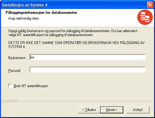 Du får frem dette vinduet: 9. Oppgi navnet på maskinen der databasen er installert etterfulgt av \ og instansnavn. Kontakt systemansvarlig for å få navnet på maskinen eller serveren. 10. Klikk Neste.