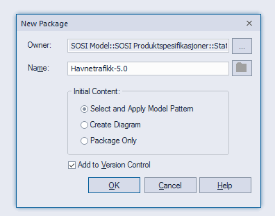 III. I den nå åpnede dialogboksen "New Model package" velger du et navn for produktspesifikasjonen pluss hovedversjonsnummer. (eks. Havnetrafikk-5.0). Kryss av "Add to Version Control".