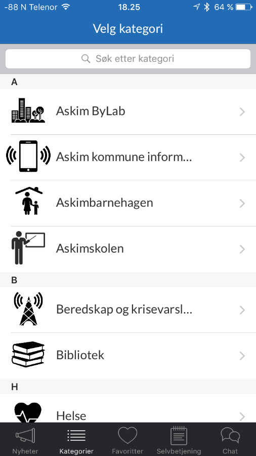 Notify Borgerinvolvering Tema Fra «kategorisiden» kan innbyggerne selv velge hvilke områder i kommune de ønsker å følge.