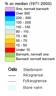 Snø i % av normalt, 11. januar 2011. Mer enn normalen langs kysten.