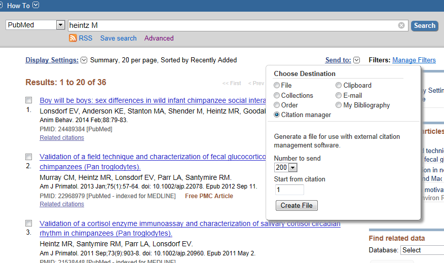 Pubmed I Pubmed er det både mulig med direkte eksport og eksportere referansene til en fil. A. Direkte eksport 1. Gå til Send to-menyen og velg Citation manager. 2.