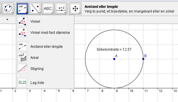 Måle lengde og omkrets Matematikk for ungdomstrinnet Vi kan måle avstanden mellom to punkt, lengden av et linjestykke, omkretsen av en mangekant eller omkretsen av en sirkel.