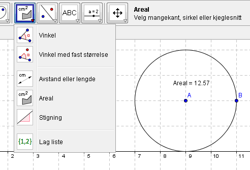 Måle areal av mangekant Matematikk for ungdomstrinnet Vi kan måle arealet av mangekanter ved hjelp av verktøyet Areal. Velg den mangekanten du skal måle arealet av.