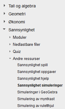 100 kast med terning: Antall øyne 1 2 3 4 5 6 Sum Antall Relativ frekvens b) Finn fram til simuleringen «Terningkast» på nettsidene til ndla.no 1P. Simuleringer i sannsynlighet. Velg simulering nr.